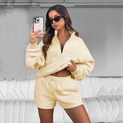 Mulheres Cor Sólida Manga Comprida Decote Em V Hoodies Terno Outono Inverno Solto Top Perna Larga Calças Curtas