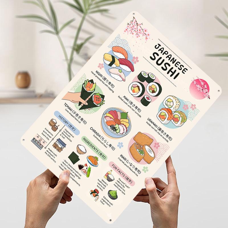 Japanese Sushi Types and Information Tin Plaque Poster Customized Wall Art Retro Vintage Metal Signs for Man Cave Office Decor