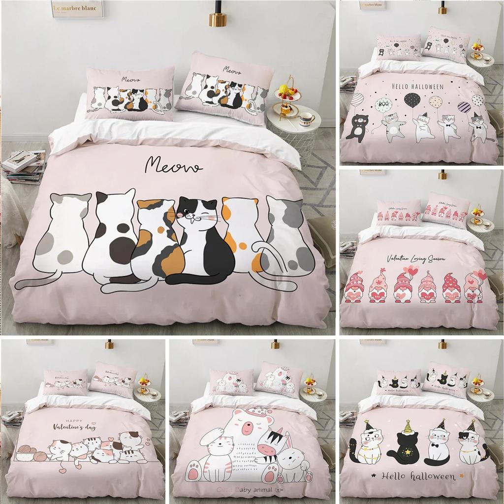 Cute Cartoon Animals Pink Toddler Funny Cat Comfortable Duvet Quilt Cover Pillowcase Bedding Set Bedroom Decoration Home Textile