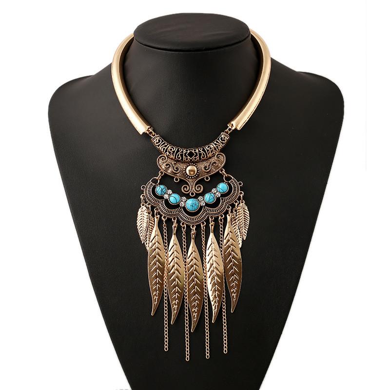 Vintage Gold Leaf Pendant Necklace With Tassel For Boho Fashion And Casual Wear