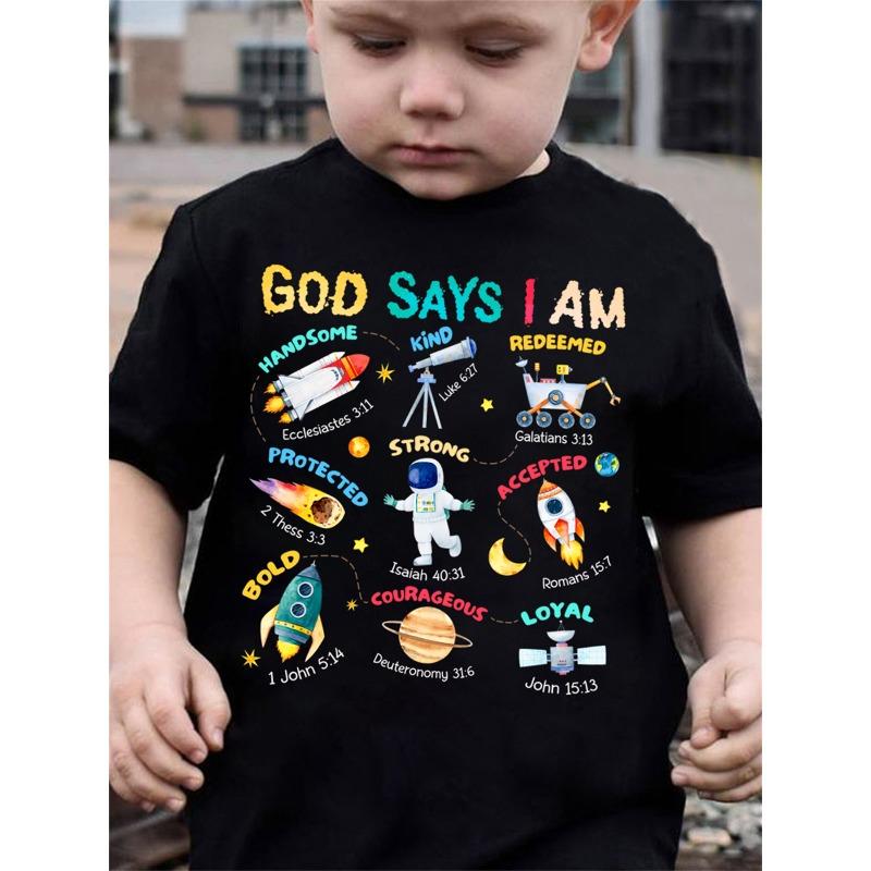 

European sizes Summer Boys Fashion Short Sleeve Space Element Print Outdoor Casual Top 98cm чёрный