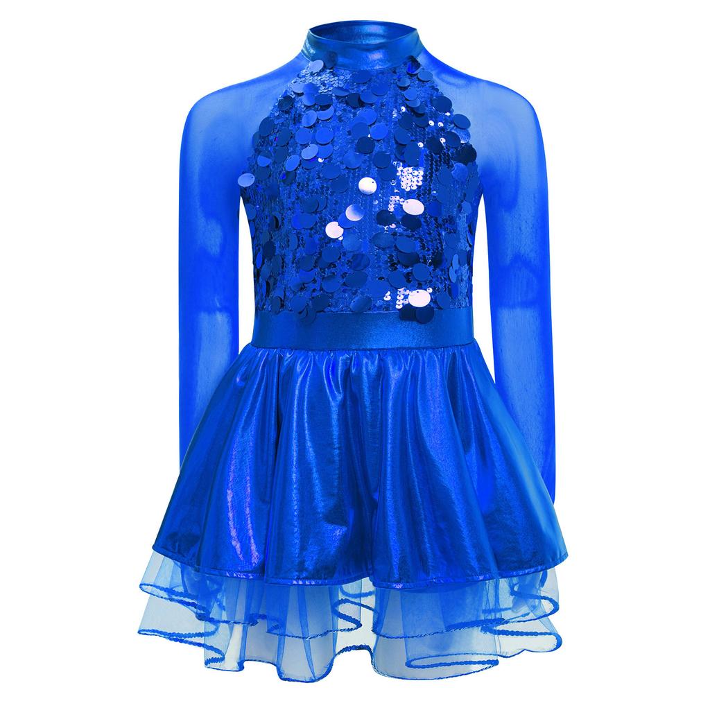 Mädchen Metallic Tutu Kleid Pailletten Durchsichtiges Mesh Langarm Design Schlüsselloch Rücken Funkelndes Tanzkostüm