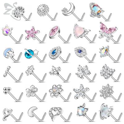 ZS 1 Pieza Bonito Tachuela de Nariz de Cristal CZ Forma de L 20g Acero Inoxidable Piercings de Nariz Forma de Flor Luna Corazón Zirconia Piercing de Fosa Nasal