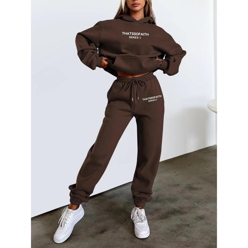 Felpa con cappuccio da donna popolare con stampa di lettere Set casual alla moda in pile