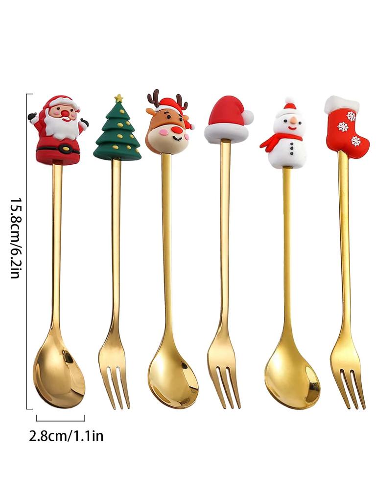 Leeseph Weihnachts-Kaffeelöffel-Gabel-Set (4/6 Stück), Edelstahllöffel Gabeln Weihnachtsgeschenke für Kinder(Rot/Grünes Geschenkbox-Set)