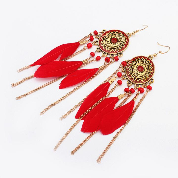 Wind Bohemian Painted Glazed Feather Fringed Earrings Fashion Temperament Women's Earrings Long Necklace Accessories