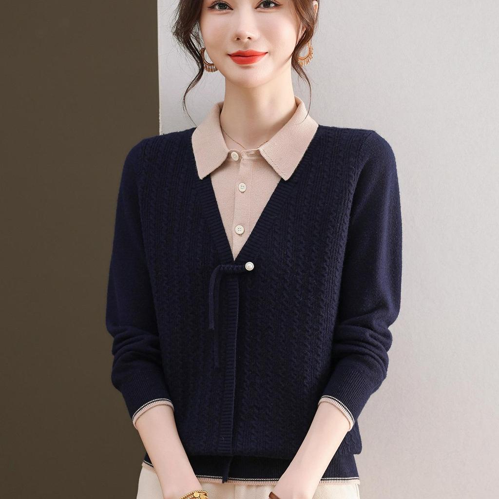 2025 Fashionable Mom's Knitted Two-Piece Look Lapel Sweater - Long-Sleeve Top for Middle-Aged Women, Perfect for Spring & Autumn