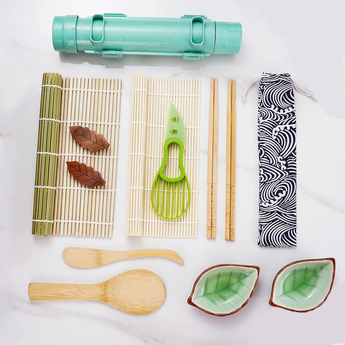 

1set DIY Bamboo Sushi Maker Multifunctional Roll Cooking Tools with Sushi Bazooka Make Bamboo Mats Bamboo Chopsticks
