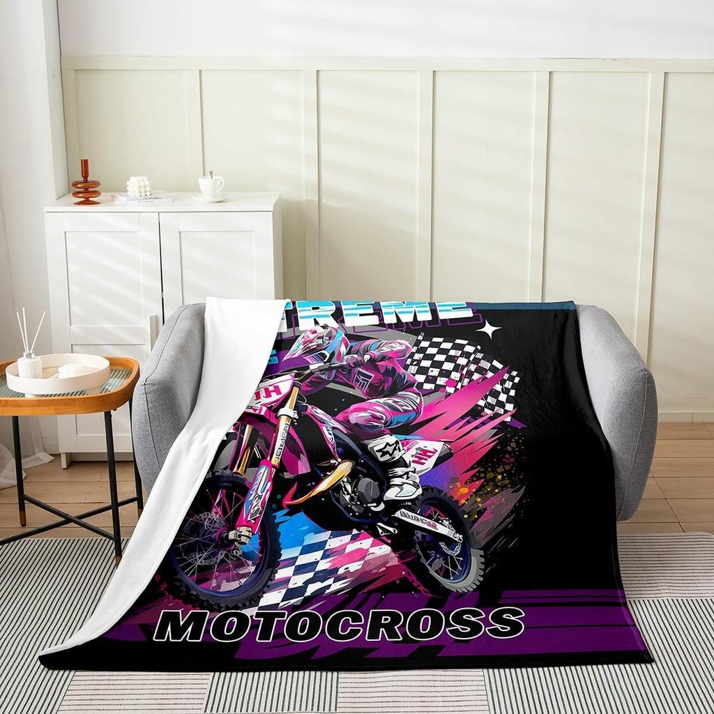 Feelyou Dirt Bike Flannel Fleece Throw Blanket for Kids Boys Girls Motocross Rider Plush Pink Motorcycle All Season Bed Blanket