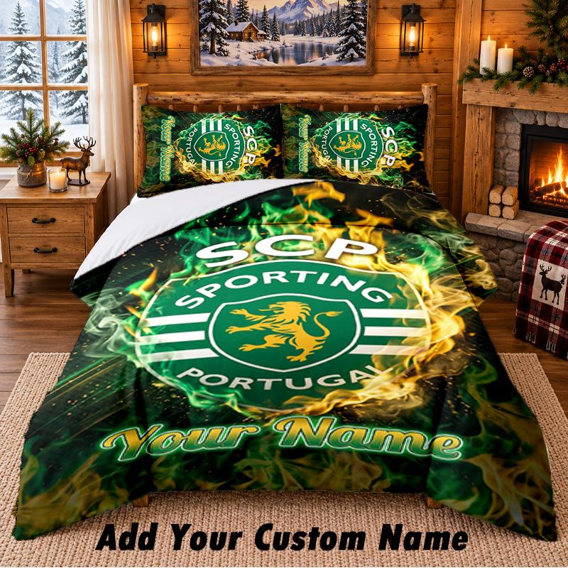 Set de așternut 3 piese cu model Sporting CP Nume personalizat, Cearșaf și Fețe de pernă Pentru Dormitorul de Acasă