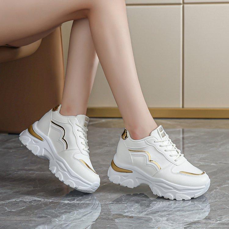 College style platform leather sneakers 22 autumn and winter new lace-up golden dad shoes large size casual shoes 35