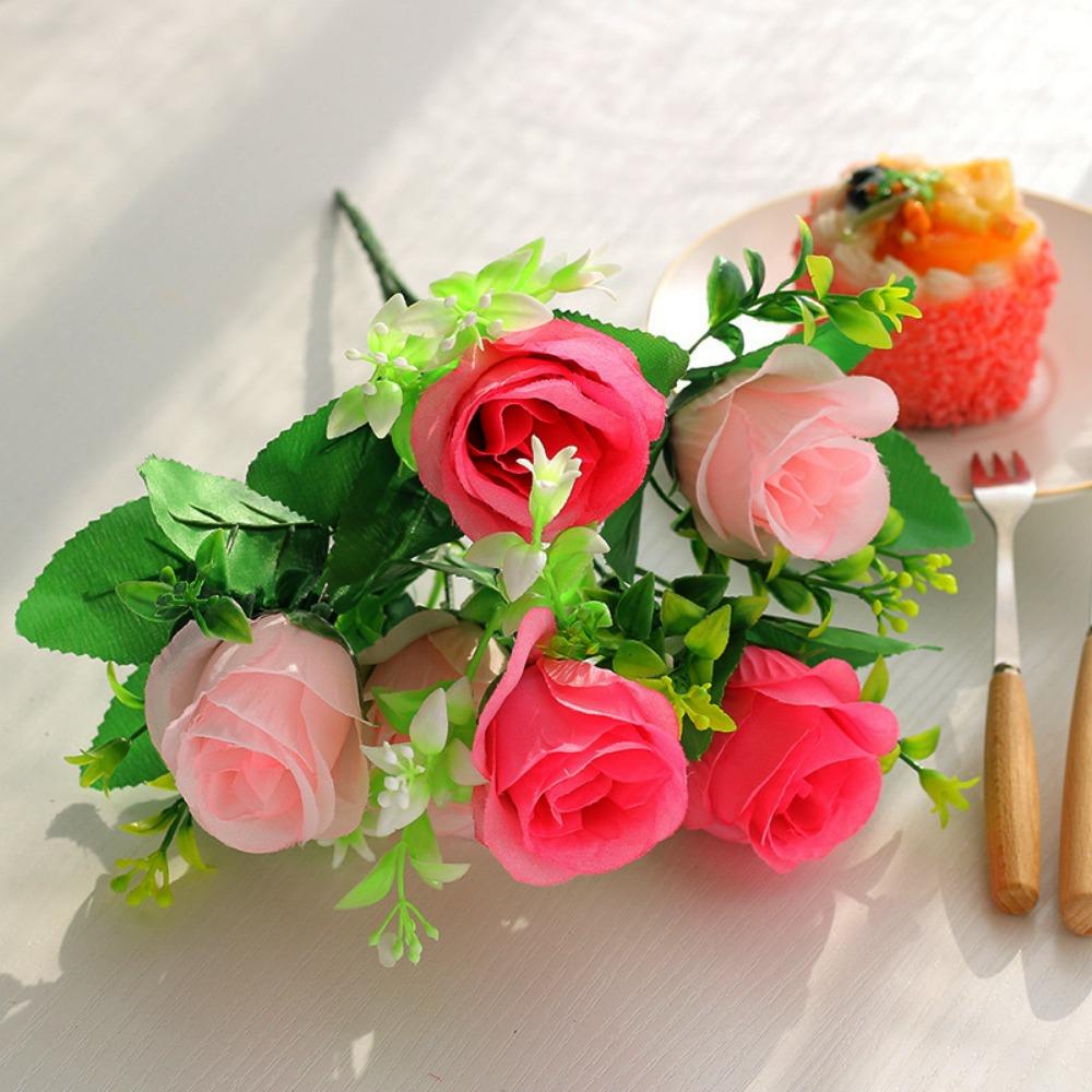

7 Colors Valentine s Day Flowers 6 Heads Natural Simulated Rose Buds Home Decorative рожевий/Яскраво-рожевий