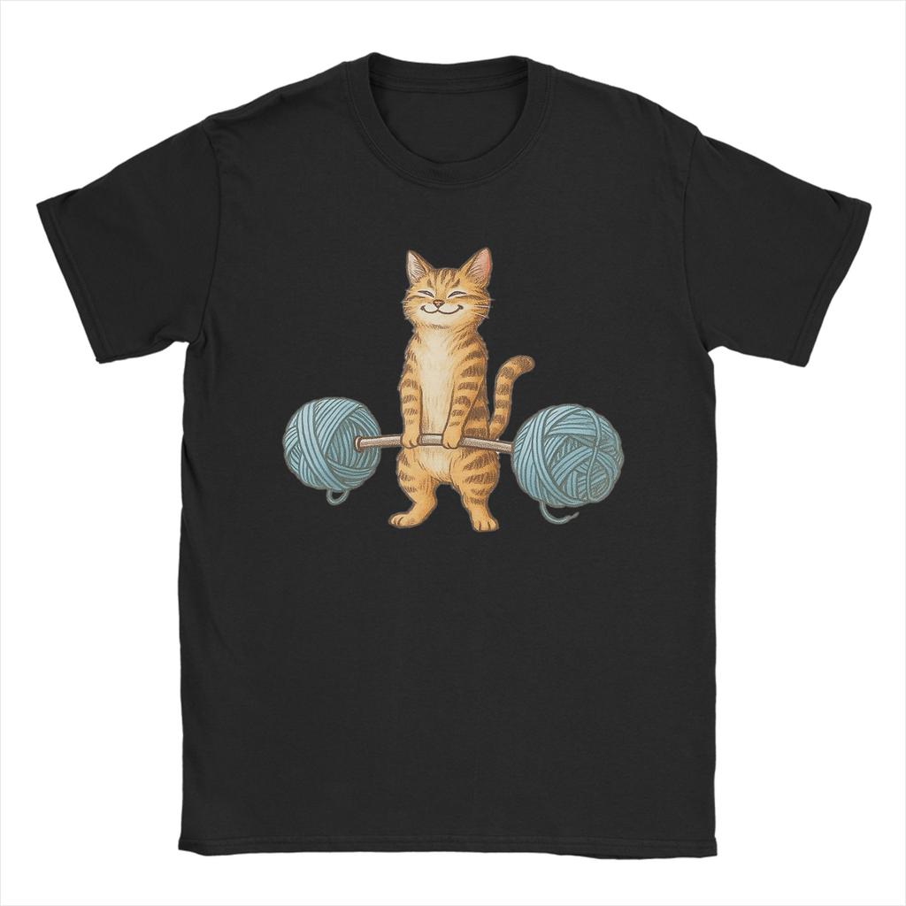 Fun Cat Weightlifting Yarn Barbell Fitness TShirt for Unisex O Neck Pure Cotton T Shirts Short Sleeve Tee Shirt Summer Clothing