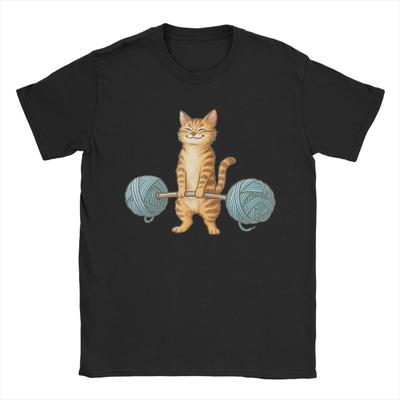 Fun Cat Weightlifting Yarn Barbell Fitness TShirt for Men O Neck Pure Cotton T Shirts  Short Sleeve Tee Shirt Summer Clothing