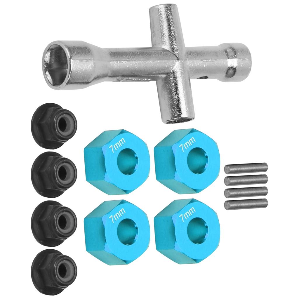 12mm Wheel Hex Hub Adapter 7mm Thick M4 Flange Lock Nuts Cross Wrench Set for 1 10 RC CarBlue