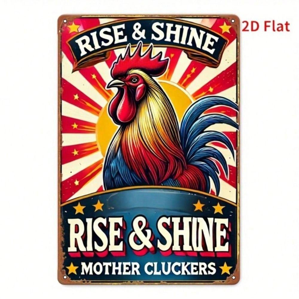 

Vintage Red White Striped Rooster Metal Wall Sign for Kitchen