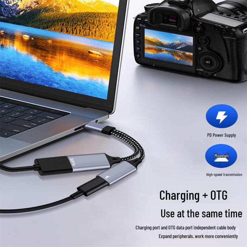 Type-C Dual Port USB OTG Adapter: Charge, Connect Flash Drives, Read Cards, Transmit Data, Play Audio