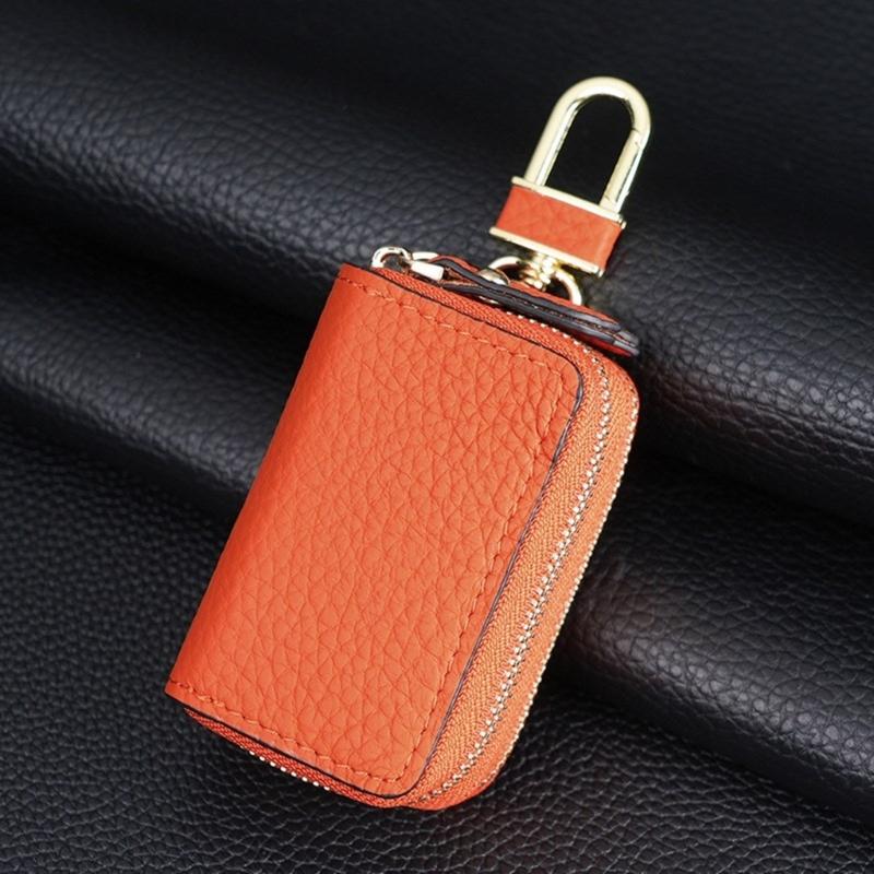 Leather Car Key Fob Case Cover Keychain Zipper Bag Protector Double Layer Pouch