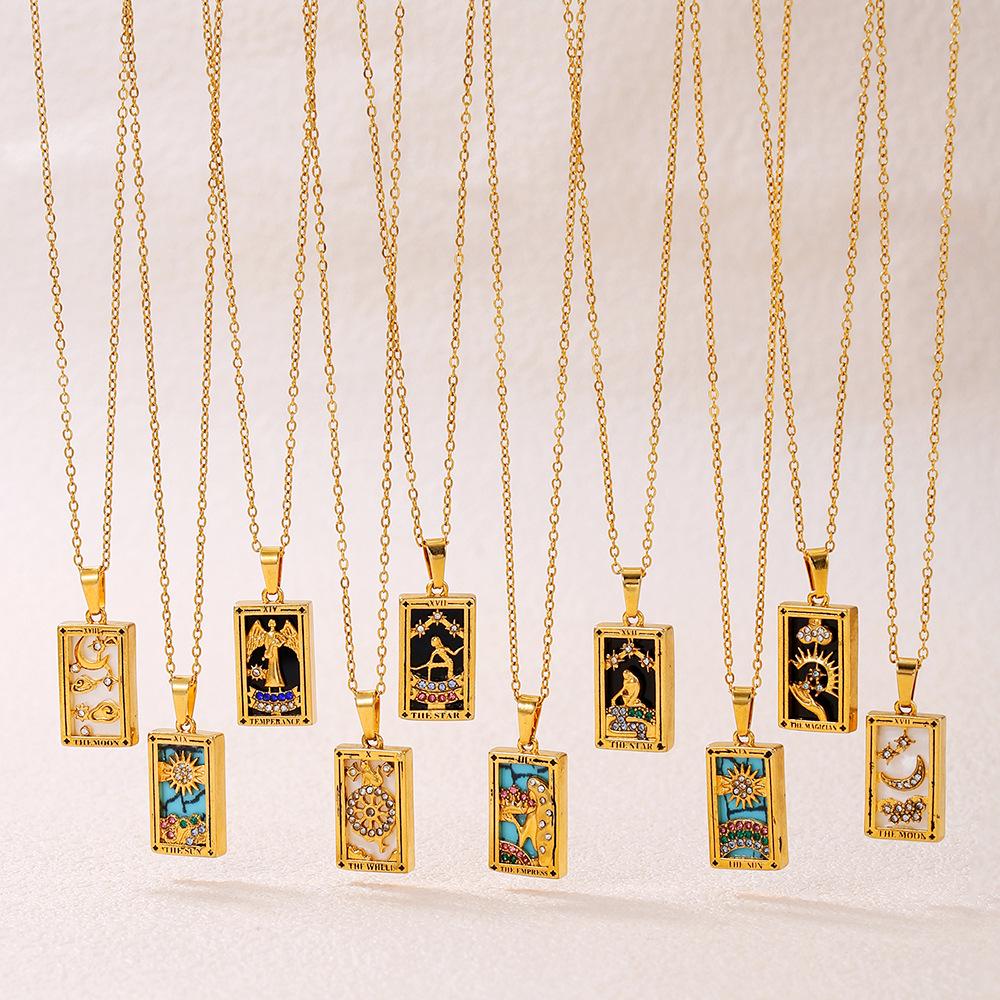 Retro Stainless Steel Zircon Tarot Card Pendant Necklace for Women
