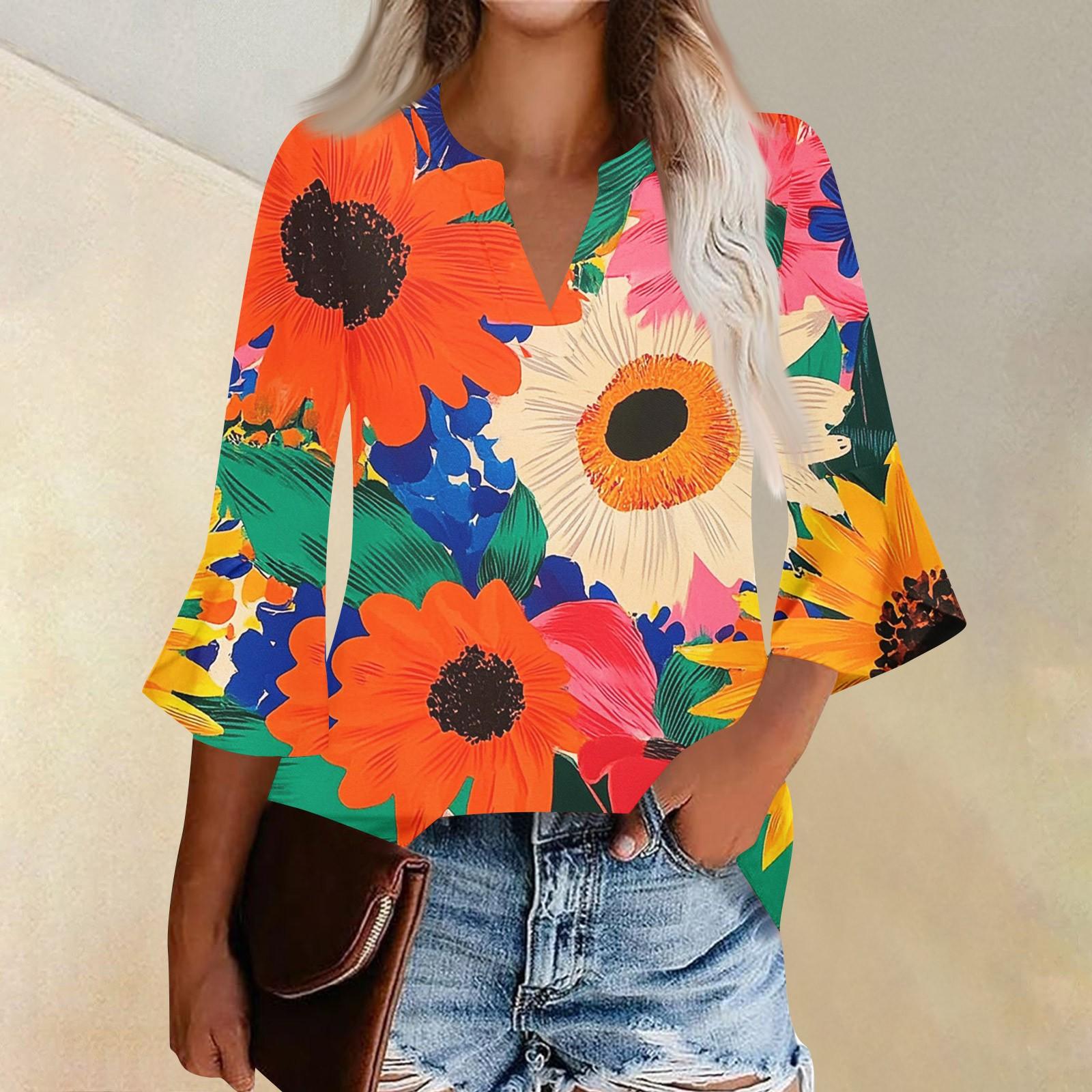 

Женский топ с оборками на шее и рукавами три четверти с растительным принтом XL арбуз красный