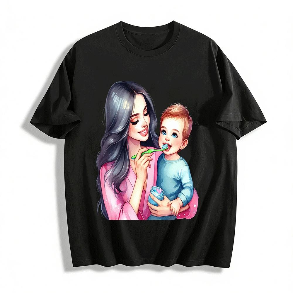 Warm Parent-child Tooth-brushing Print Casual T-shirt For Family Pure cotton T-shirt XXS