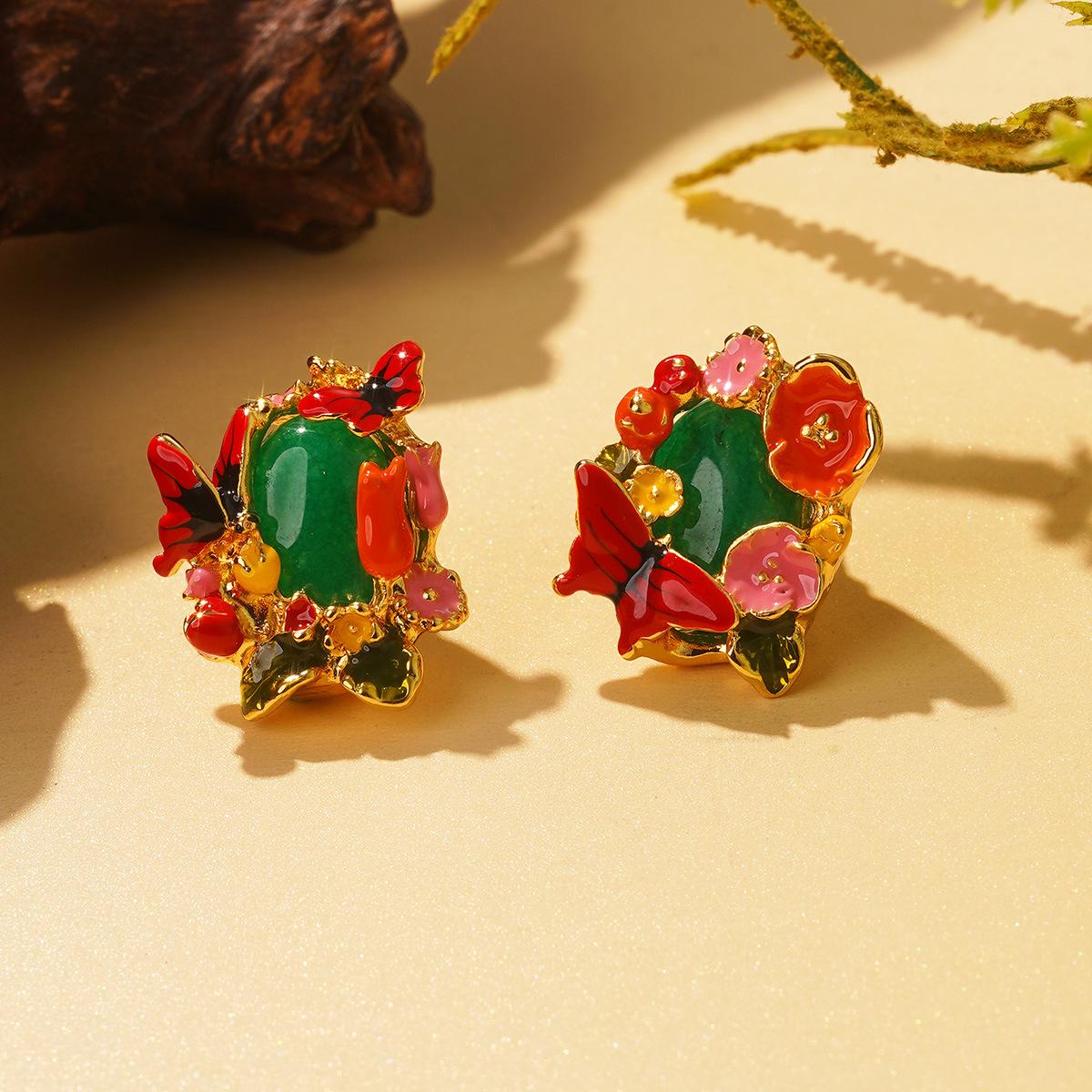 

Monet Garden natural stone stud earrings butterfly color dripping oil niche design French versatile premium earrings