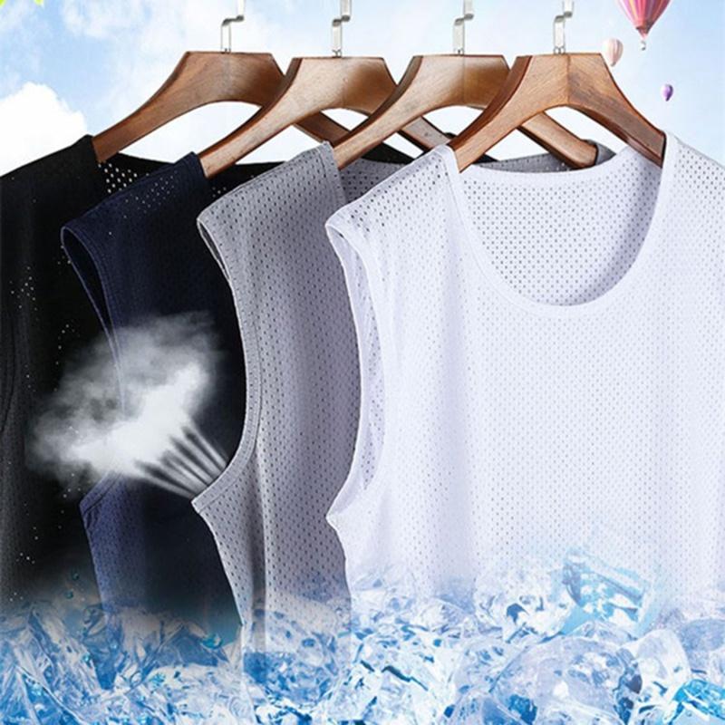 Men Ice Silk Vest Thin Outerwear Fitness Top Hurdle Mesh Sports Vest Loose  Sleeveless T-shirt
