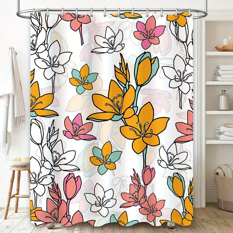 Decorative Flower Shower Curtain with Black Hooks Multicolor Pattern for Bathroom Decoration
