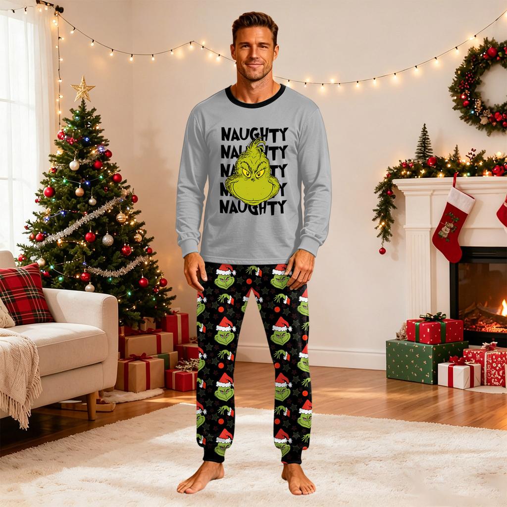 Christmas Print Family Matching Pajama Set with Round Neck Long Sleeve Top and Long Pants