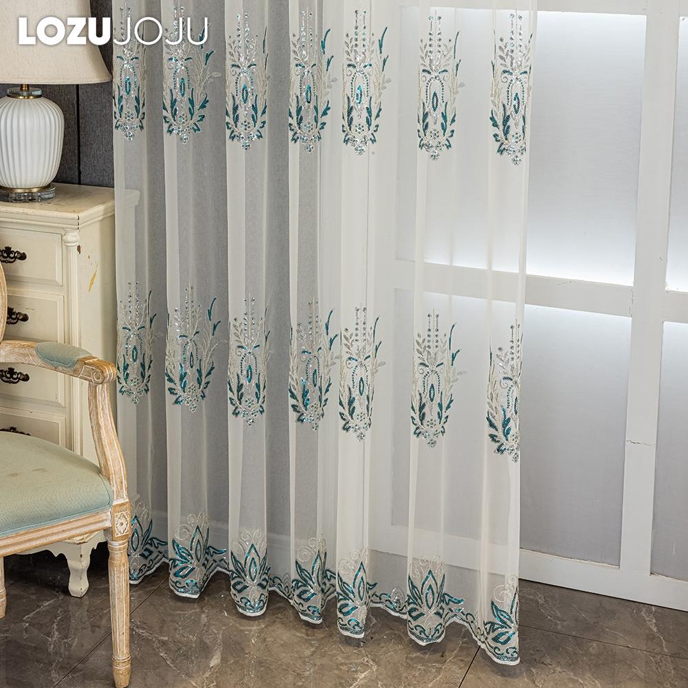 1PC European Transparent Luxury Handmade Pearl Embroidered Sheer Curtains for Living Room Bedroom Home Decor LOZUJOJU
