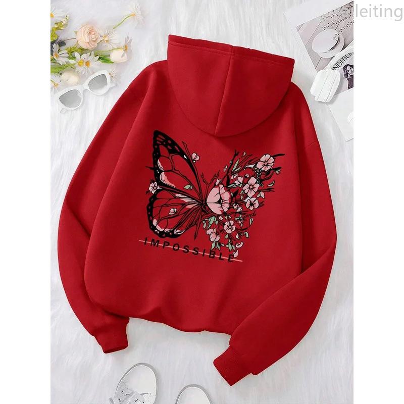 Fashion Creative Butterfly Splicing Flower Pattern Hooded Sweatshirt Women Winter Harajuku Street Hoodie Winter Clothes Women