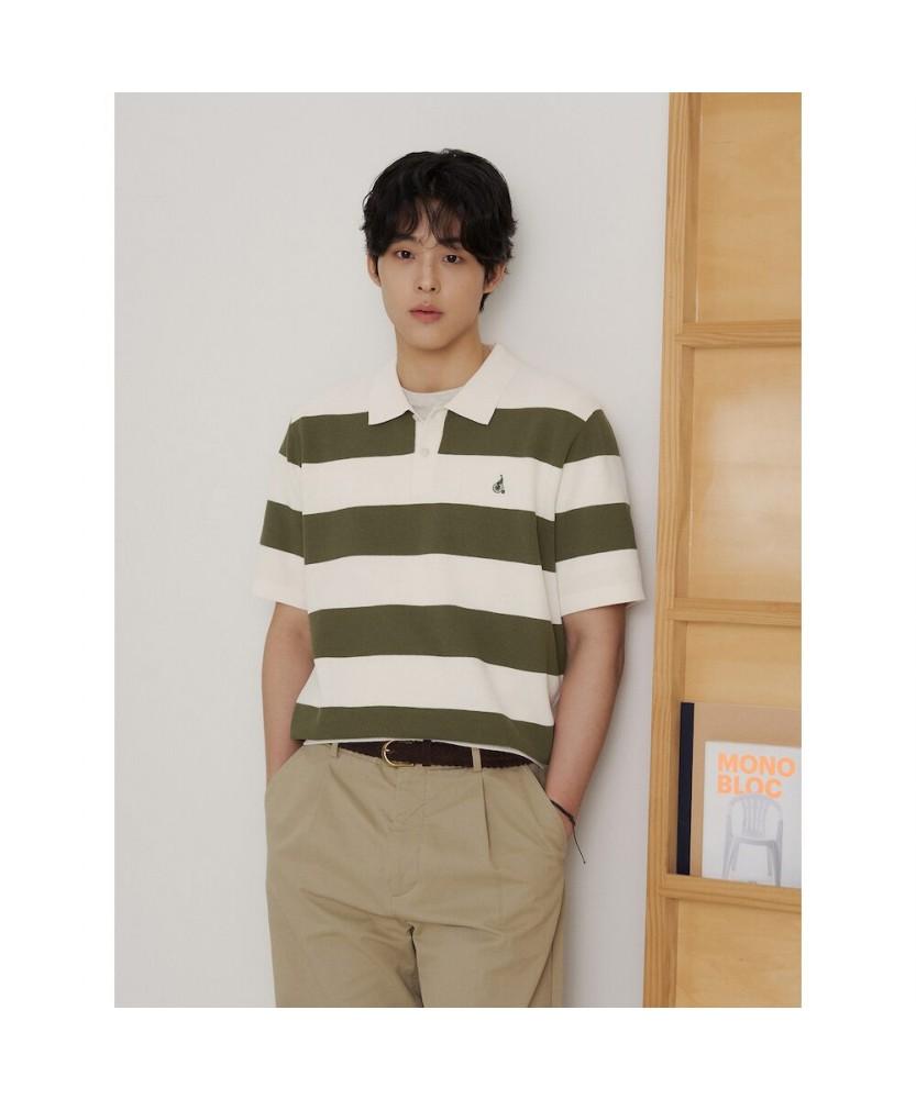 Binpolmen Rugby Stripe Collared Neck Knit Khaki
