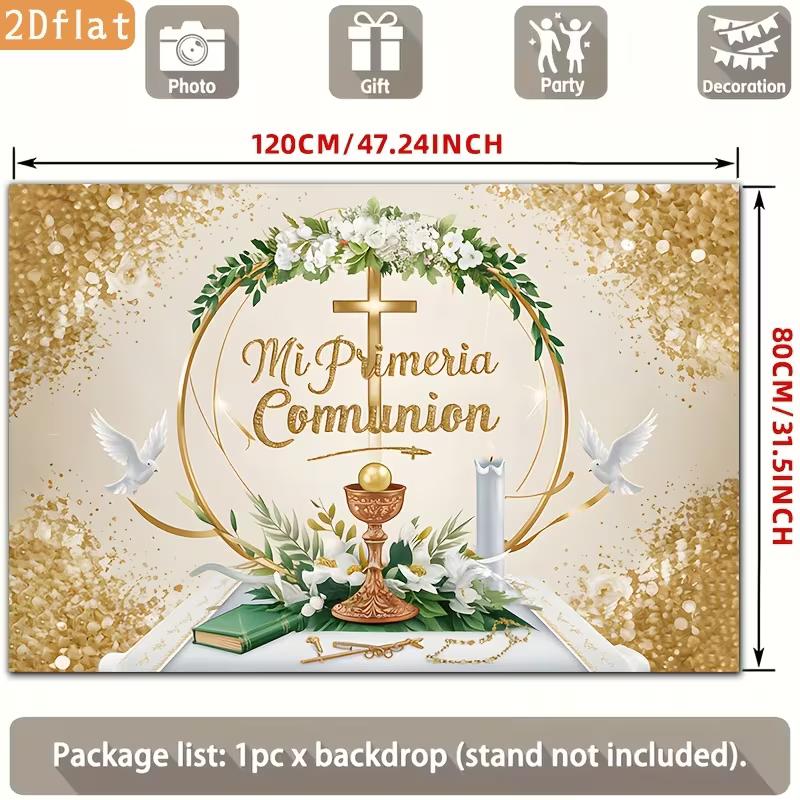 2D Mi Primera Comunion Celebration Background, Chalice & Dove Decor