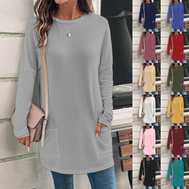 Loose Long Sleeve Crewneck Pocket Top Women Casual Solid Color Fashion