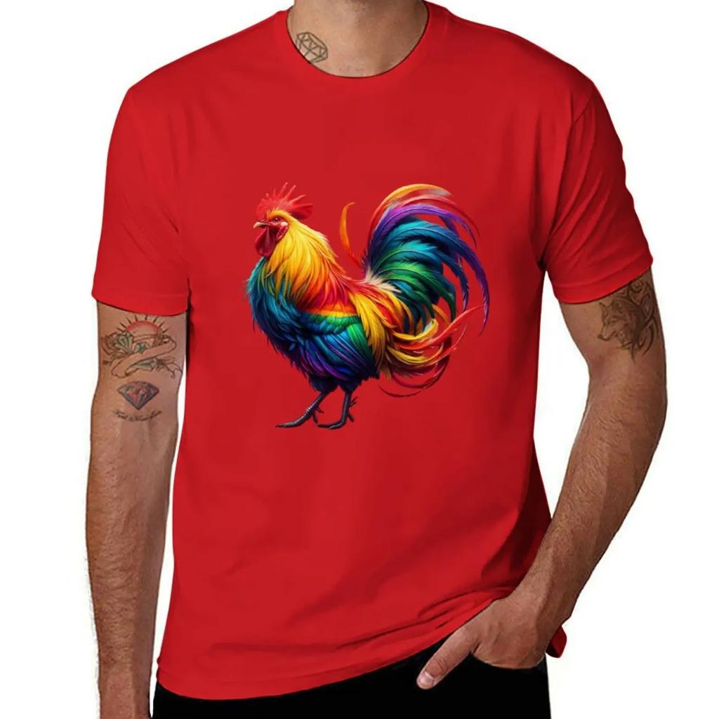 Rainbow Filled Rooster Cock T-Shirt Graphic Tee Shirt Anime Stuff Mens T Shirts Casual Stylish