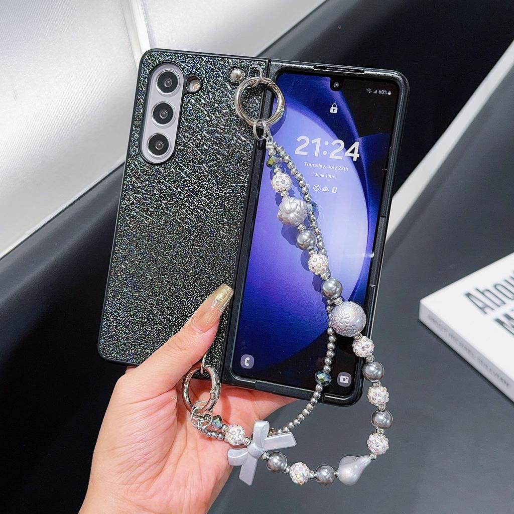 For Samsung Galaxy Z Fold6 5G Case Textured Glitter Leather+PC Phone Cover with Beaded Strap