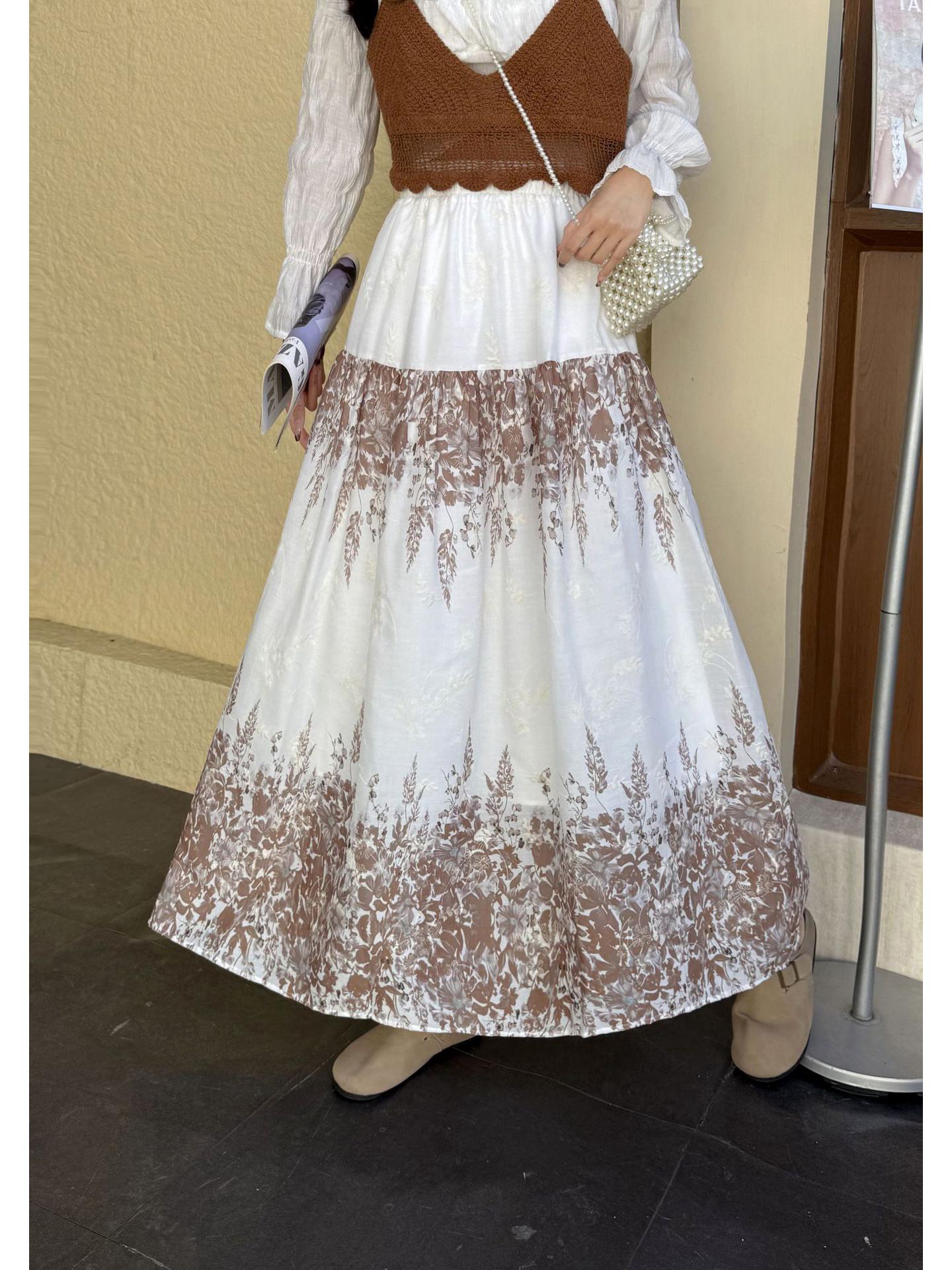 Французское сладкое вышитое платье-трапеция с высокой талией One Size кофейный