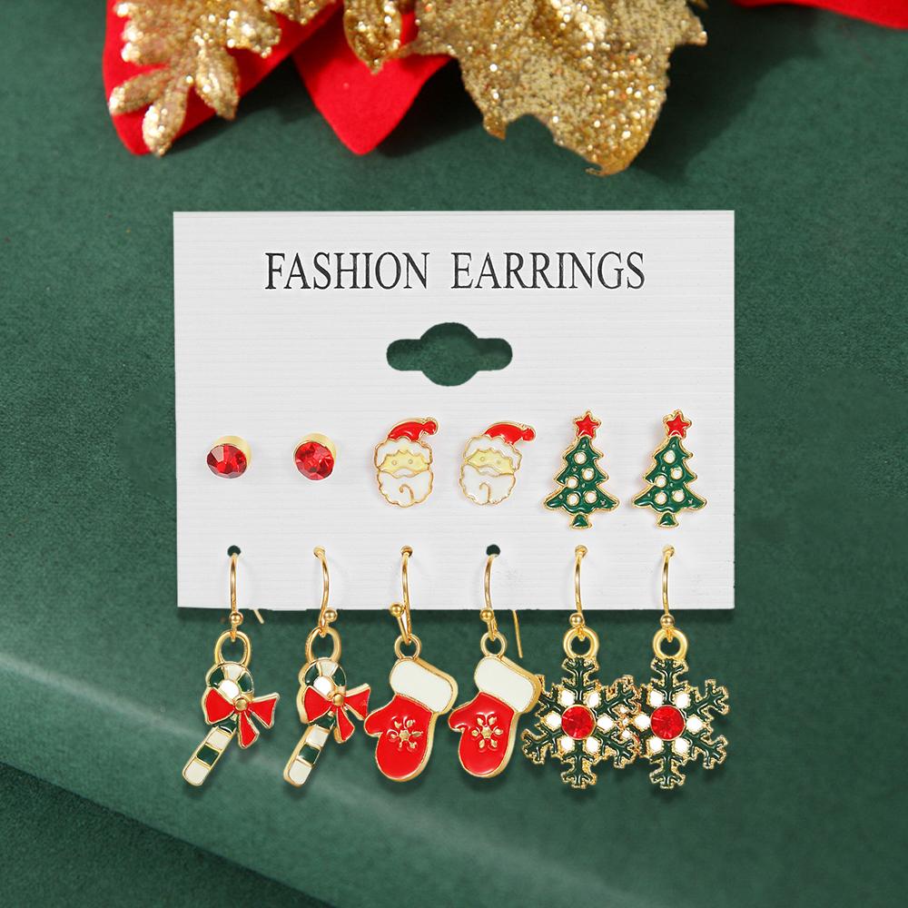 6 Pairs Of Ladies' Christmas Earrings, Santa Claus Christmas Tree Gloves, Fashionable Cartoon Cute Decorations With Patterns