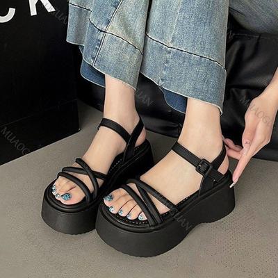 Fashion Roman Sandals Women's 2025 New Summer Thick Bottom Cross Strap Platform Sandal Casual High Heels Solid Heeled Sandals for Women