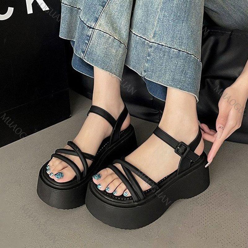 Fashion Roman Sandals Women's 2025 New Summer Thick Bottom Cross Strap Platform Sandal Casual High Heels Solid Heeled Sandals for Women