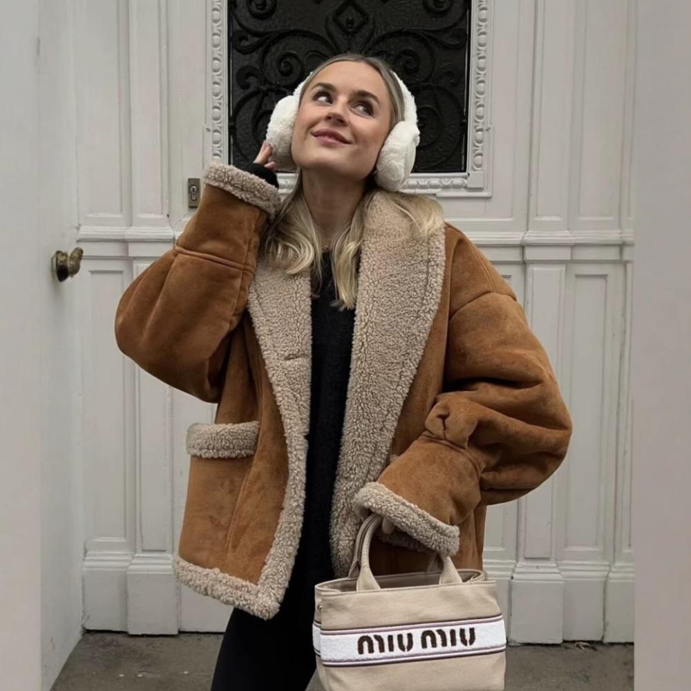 Women's Lapel Long Sleeve Loose Fit Regular Length Fleece Lined Suede Jacket Casual Outerwear