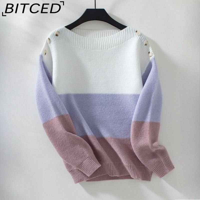 

BITCED Colour-Block Off-the-Shoulder Button-Front Pullover Women s Sweater Autumn/Winter Casual Oversized Knitwear XL фиолетовый