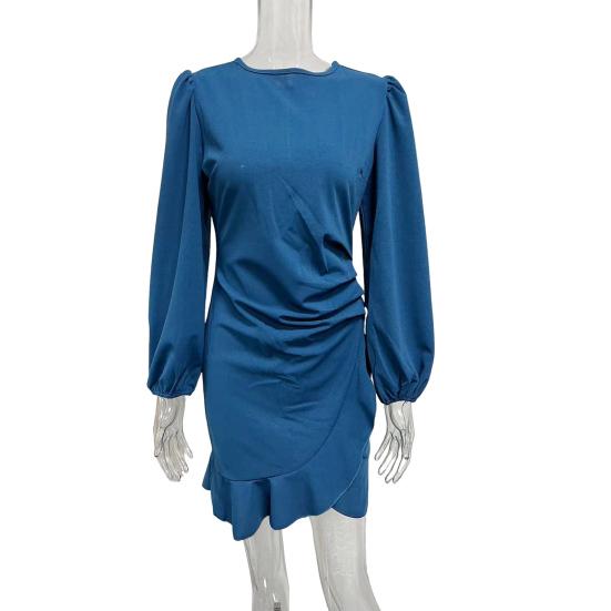 Lady Dress Puff Sleeve Irregular Hem Slim Fit Irregular Ruffle Patchwork Hem Round Neck Pleated Mini Dress Office Party Prom Dress