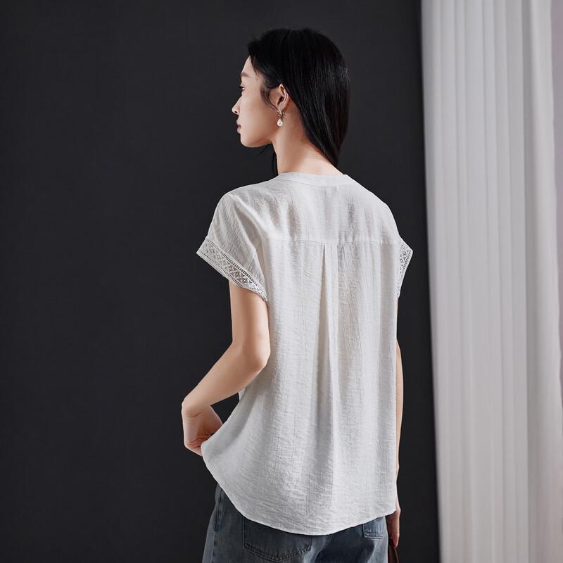 SOFSIL Women's Elegant Lace Trim Short Sleeve Blouse