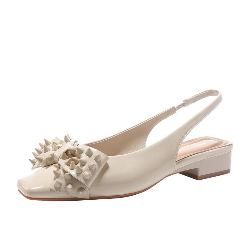 Handgjorda Sandaler med Rakt Nitar och Rosett för Kvinnor, Sommar, Lackläder, Bak Öppen, Låg Klack, Mary Jane Skor
