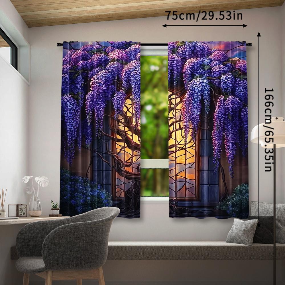 2pcs, Beautiful Stained Glass Wisteria Flower Curtain for Home Decor, Perfect for Bedroom, Office, Kitchen, Living Room, and Study, Rod Pocket Window