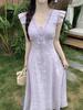 Soft Blue Korean-Style Dress: French Retro Lace, Gentle Purple Puff Sleeves, Waist-Cinching Design