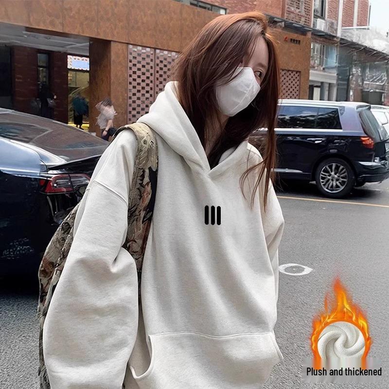Women's Fleece-Lined Embroidered Hoodie, Thick Loose Fit, Long-Sleeve, White/Gray, New 2025 Style for Autumn/Winter.