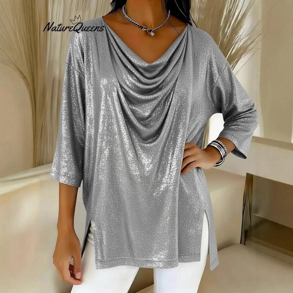 2025 Trendiges europäisch-amerikanisches Damen-Oberteil mit lockerem Stehkragen und Schlitz, Neun-Punkt-Ärmel