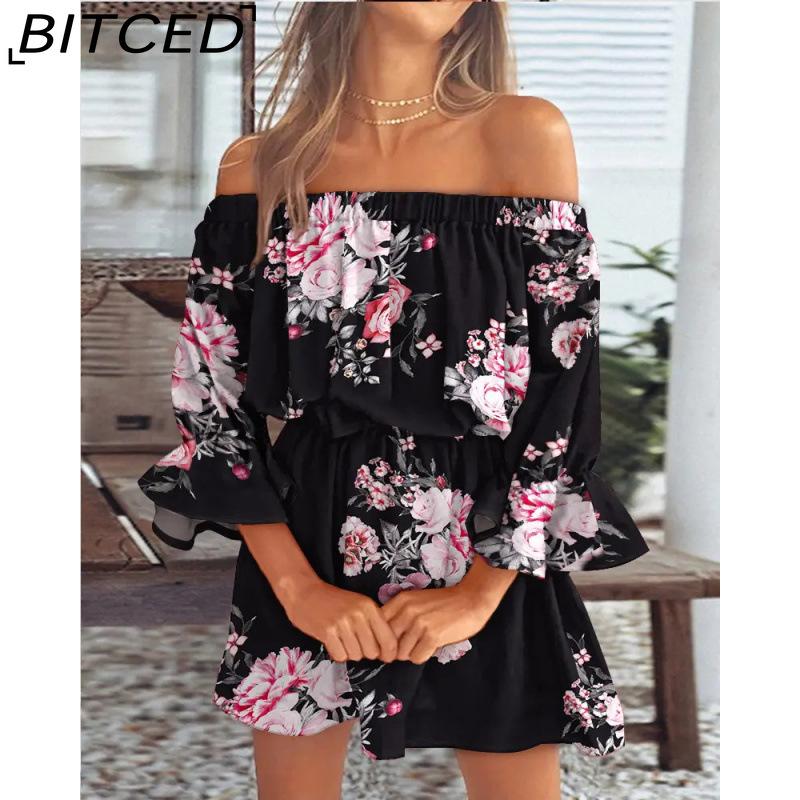 BITCED Women Floral Print Mini Dress Summer Sexy Off Shoulder Flare Sleeve Tunic Dress Female Casual Boho Beach Dress